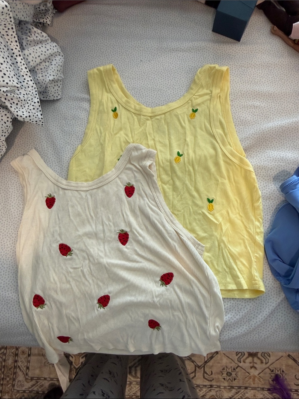 Strawberry & Pineapple Embroidered Tank Tops - Yellow & Cream
